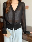 Moteriški vasariniai megztiniai su V kakleliu Kasdieniai permatomi megztiniai moteriški Paprasti ploni, solidūs viršutiniai drabužiai, moteriški apkarpyti viršūnės