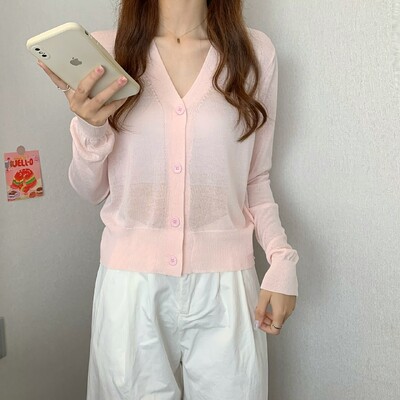 Moteriški vasariniai megztiniai su V kakleliu Kasdieniai permatomi megztiniai moteriški Paprasti ploni, solidūs viršutiniai drabužiai, moteriški apkarpyti viršūnės