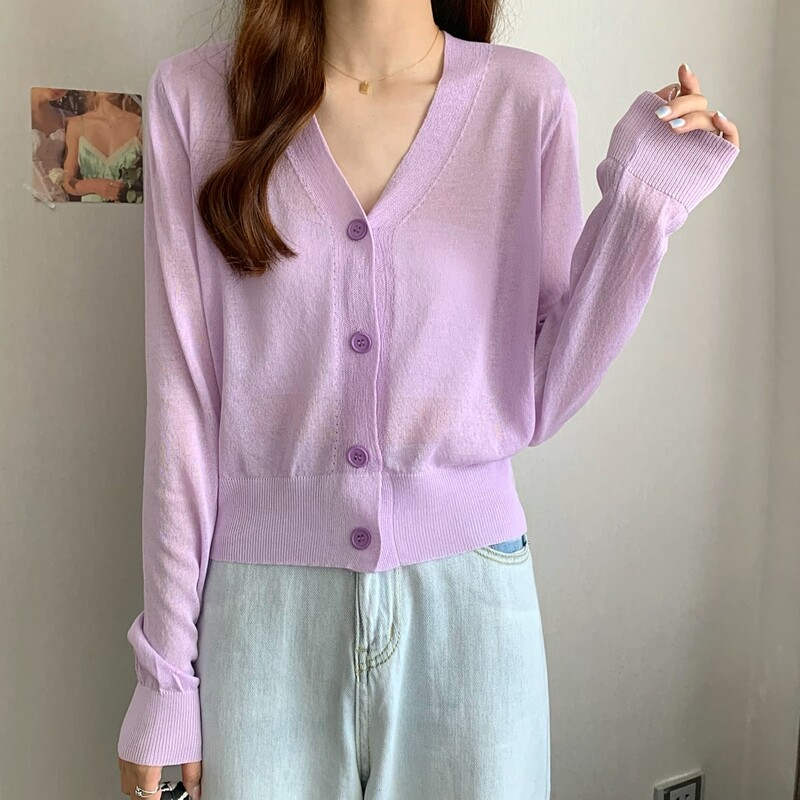 Moteriški vasariniai megztiniai su V kakleliu Kasdieniai permatomi megztiniai moteriški Paprasti ploni, solidūs viršutiniai drabužiai, moteriški apkarpyti viršūnės