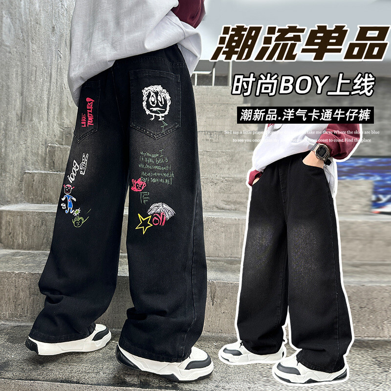 Zēniem ar melnu apdruku Džinsi Pavasara/rudens Bērnu bikses ar platām kājām mazgātas džinsa taisnas bikses pusaudžu bērnu bikses 6 8 10 12 14 gadus vecas