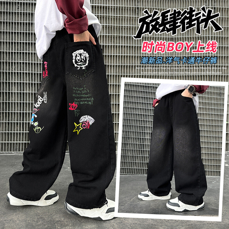 Zēniem ar melnu apdruku Džinsi Pavasara/rudens Bērnu bikses ar platām kājām mazgātas džinsa taisnas bikses pusaudžu bērnu bikses 6 8 10 12 14 gadus vecas