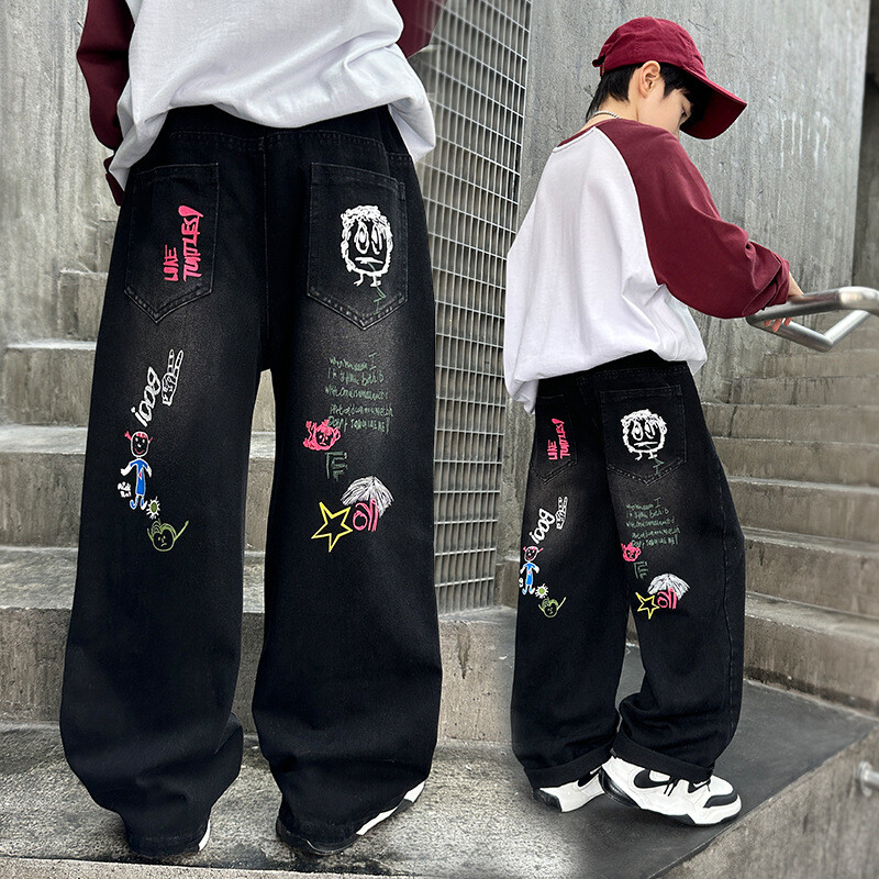 Zēniem ar melnu apdruku Džinsi Pavasara/rudens Bērnu bikses ar platām kājām mazgātas džinsa taisnas bikses pusaudžu bērnu bikses 6 8 10 12 14 gadus vecas