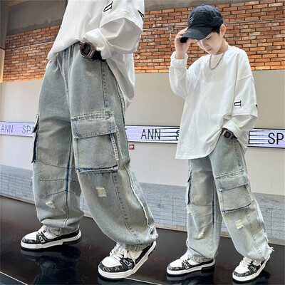 K27 Koreai fiúfarmerek Változata fiúknak Street Dance Jeans Fiú farmernadrágok gyerek oldalzsebek gyerek farmer nadrágok