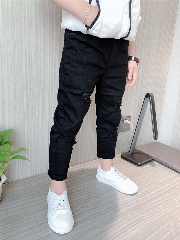 Juodi balti džinsai Vyriški suplėšyti tiesūs tendencija suplėšyti sulaužyti tampriai suvaržyti laisvalaikio džinsiniai kelnės džinsai berniukams hiphopo kelnės