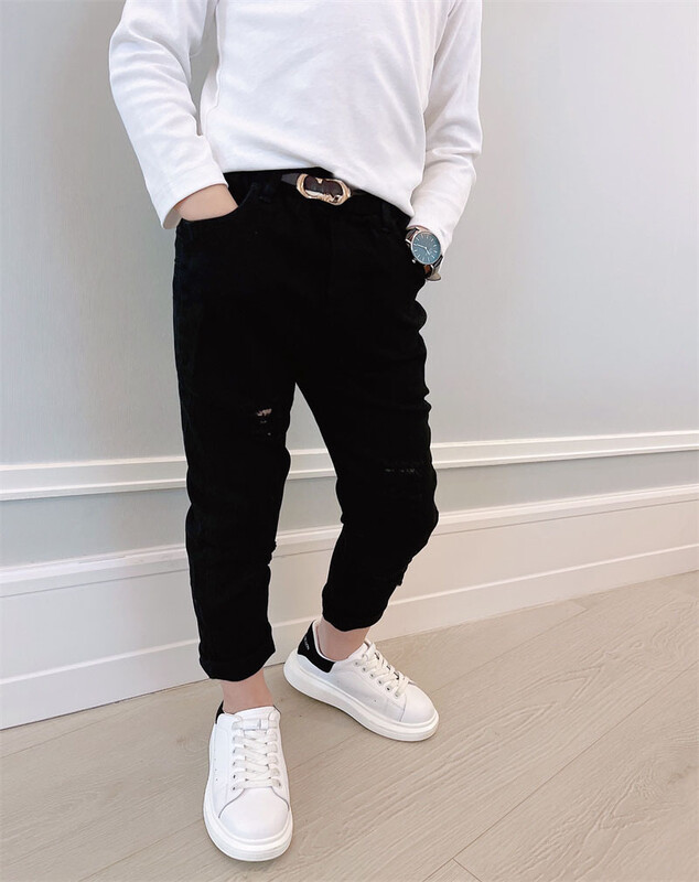 Juodi balti džinsai Vyriški suplėšyti tiesūs tendencija suplėšyti sulaužyti tampriai suvaržyti laisvalaikio džinsiniai kelnės džinsai berniukams hiphopo kelnės