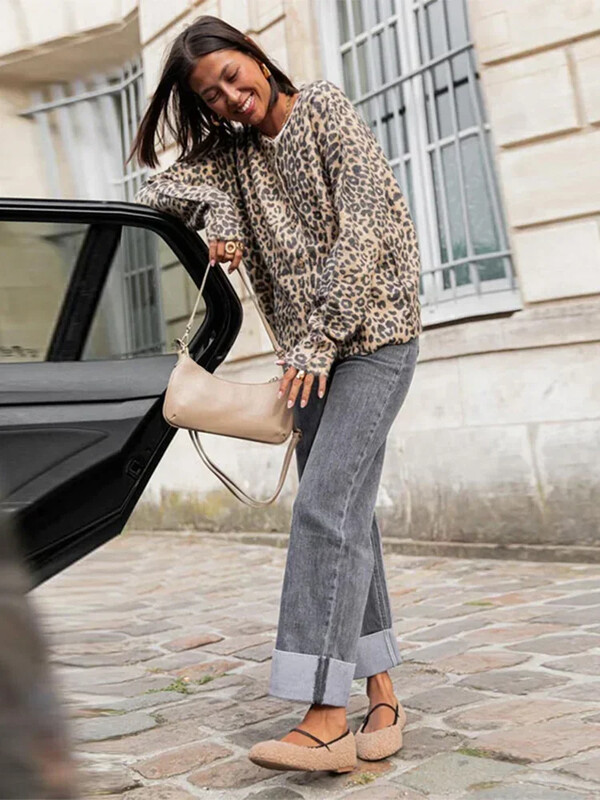 Moteriški megztiniai su leopardo raštais ilgomis rankovėmis Vintažinis megztas laisvalaikio megztinis moteriškas viršutinis drabužis