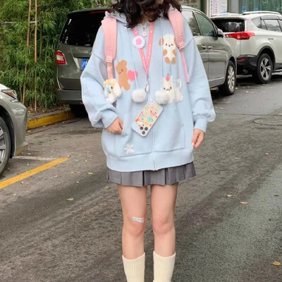 HOUZHOU modă japoneză Kawaii cu fermoar tricotat cardigan femei Y2k Harajuku drăguț pisică imprimeu largi cu glugă pulover pentru fată moale 2023