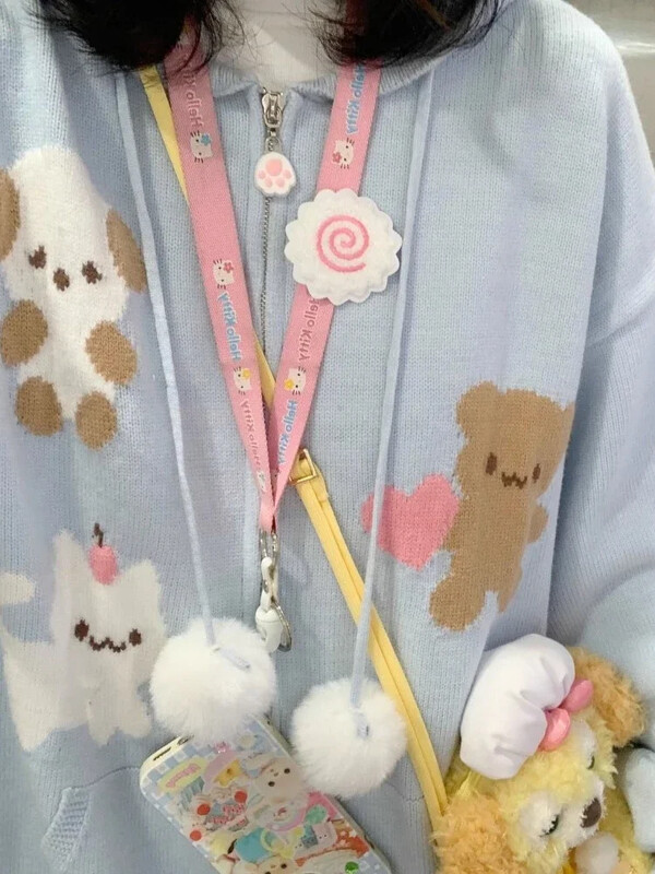 HOUZHOU modă japoneză Kawaii cu fermoar tricotat cardigan femei Y2k Harajuku drăguț pisică imprimeu largi cu glugă pulover pentru fată moale 2023