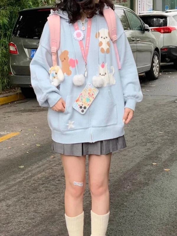 HOUZHOU modă japoneză Kawaii cu fermoar tricotat cardigan femei Y2k Harajuku drăguț pisică imprimeu largi cu glugă pulover pentru fată moale 2023