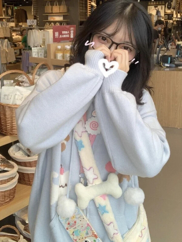 HOUZHOU modă japoneză Kawaii cu fermoar tricotat cardigan femei Y2k Harajuku drăguț pisică imprimeu largi cu glugă pulover pentru fată moale 2023