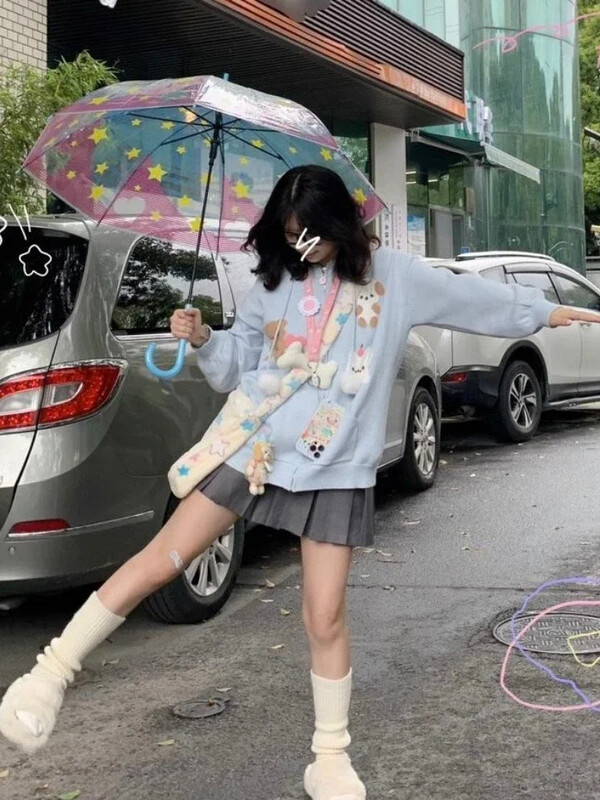 HOUZHOU modă japoneză Kawaii cu fermoar tricotat cardigan femei Y2k Harajuku drăguț pisică imprimeu largi cu glugă pulover pentru fată moale 2023