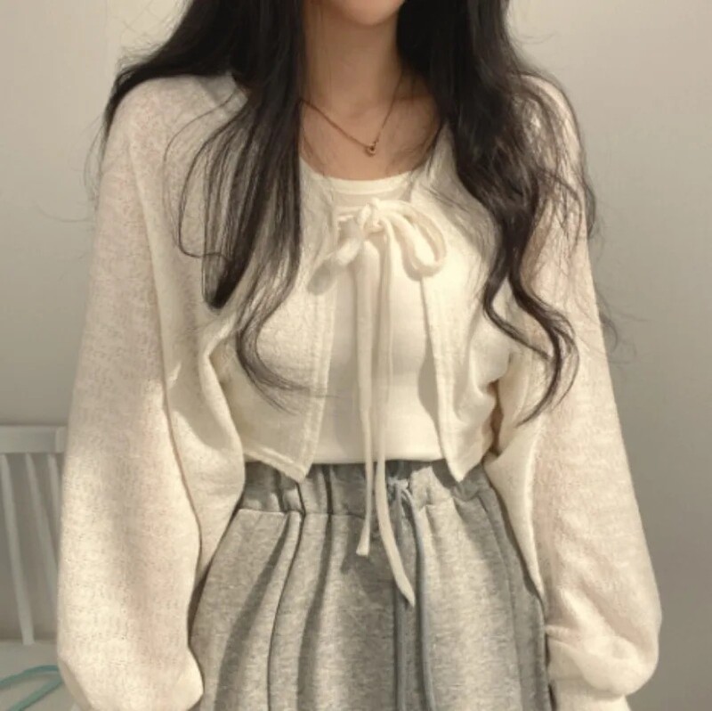 Cardigan tricotat solid, cu șireturi, pentru femei, vară, subțire, cu protecție solară, tricotaje Topuri, pentru femei, stil coreean, cu mânecă lanternă, haină scurtă