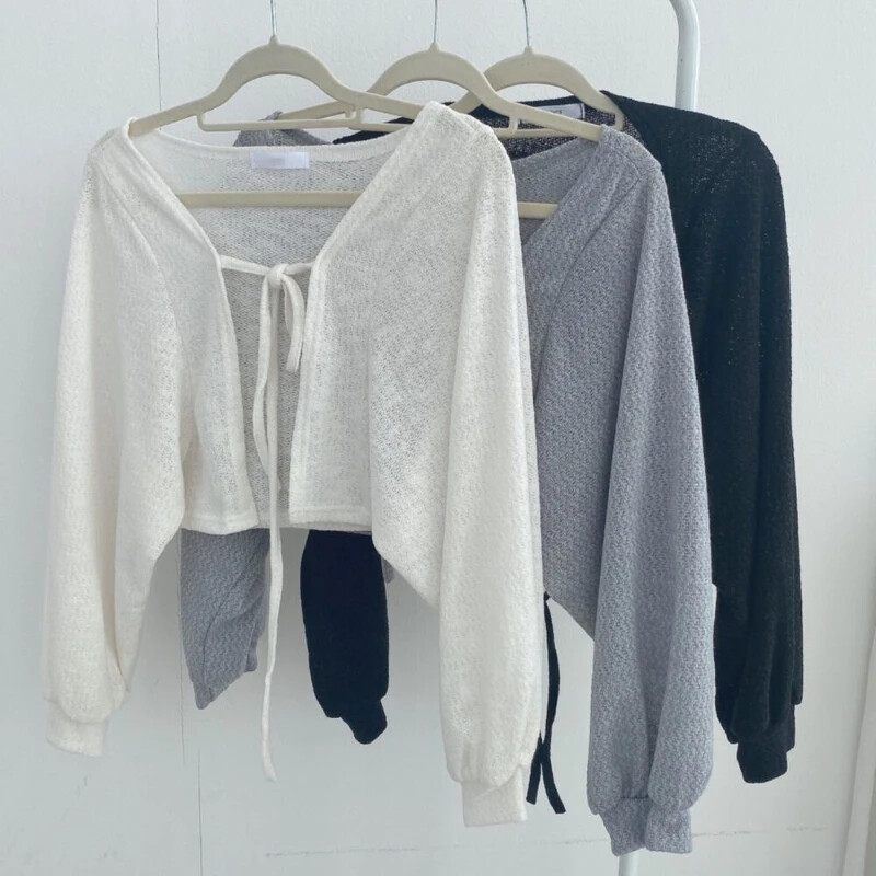 Cardigan tricotat solid, cu șireturi, pentru femei, vară, subțire, cu protecție solară, tricotaje Topuri, pentru femei, stil coreean, cu mânecă lanternă, haină scurtă