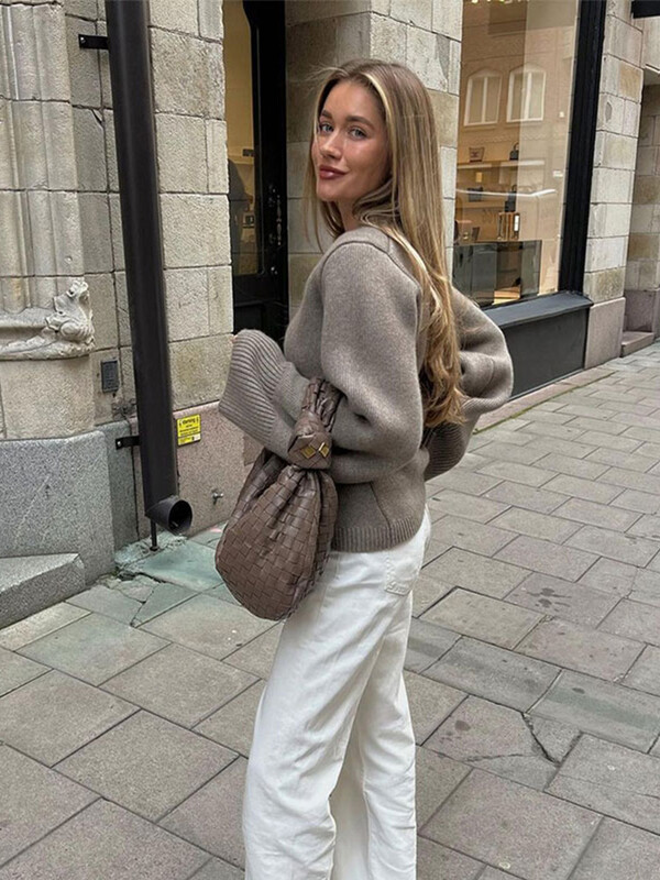 Cardigan tricotat pentru femei, elegant, cu decolteu în V, mâneci lungi cu un singur piept, cu pulover de buzunar 2024 Noua îmbrăcăminte exterioară pentru navetă de toamnă ﻿