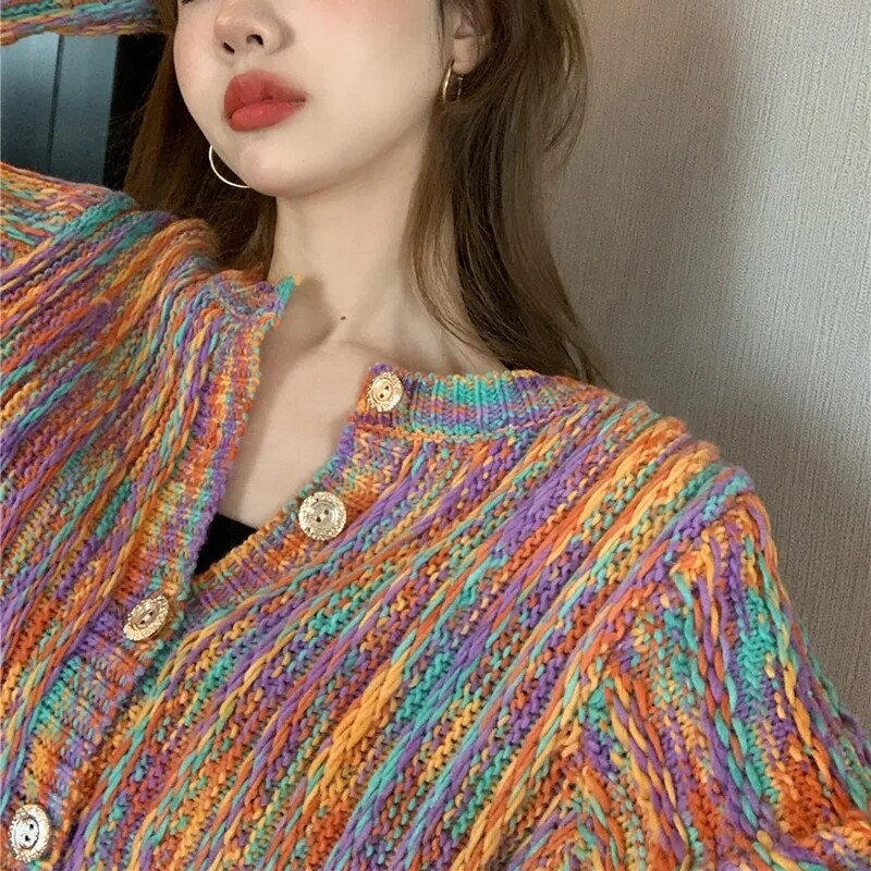 Hdspq új szivárványszínű kardigán gombokkal 2023 őszi téli koreai divatos hosszú ujjú kötött kardigán női bő pulóverek