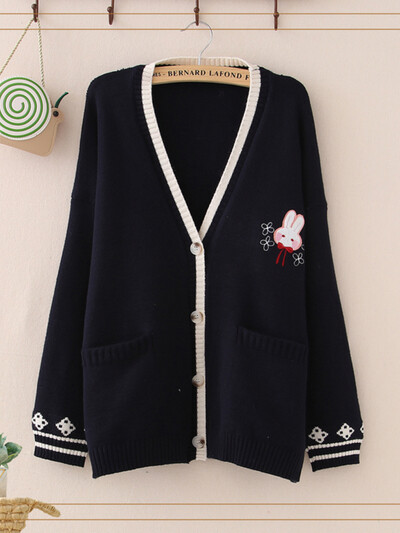 Rudens korejiešu mori meitenes saldais džemperis Lolita, gudrs zaķis, izšuvums, trikotāžas tops japāņu sievietēm ar garām piedurknēm jaciņa mētelis