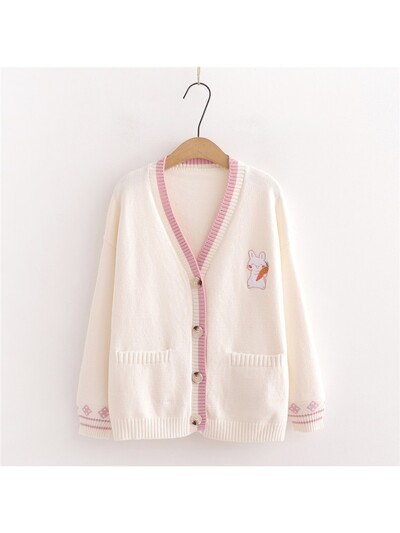 Rudens korejiešu mori meitenes saldais džemperis Lolita, gudrs zaķis, izšuvums, trikotāžas tops japāņu sievietēm ar garām piedurknēm jaciņa mētelis