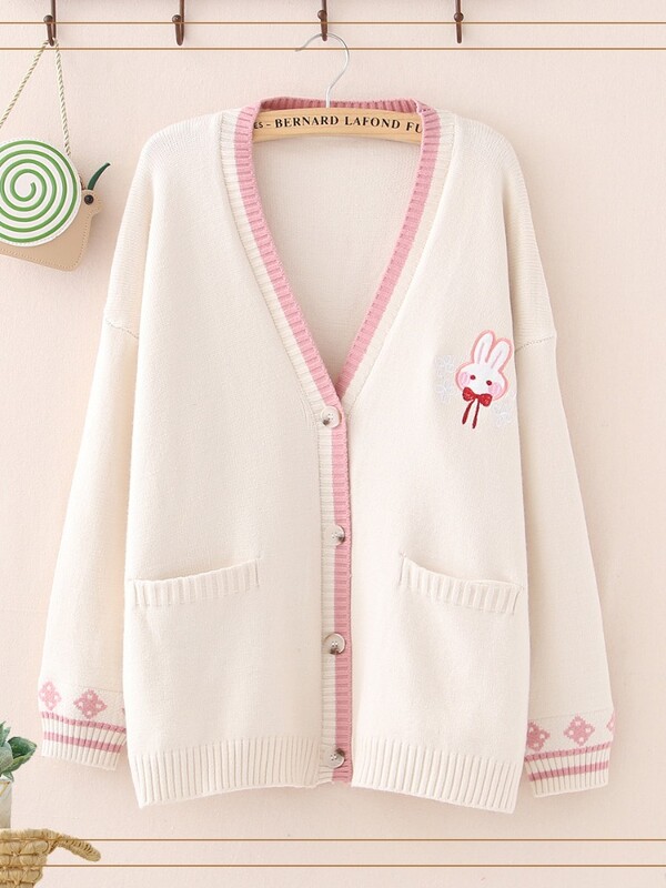 Rudens korejiešu mori meitenes saldais džemperis Lolita, gudrs zaķis, izšuvums, trikotāžas tops japāņu sievietēm ar garām piedurknēm jaciņa mētelis