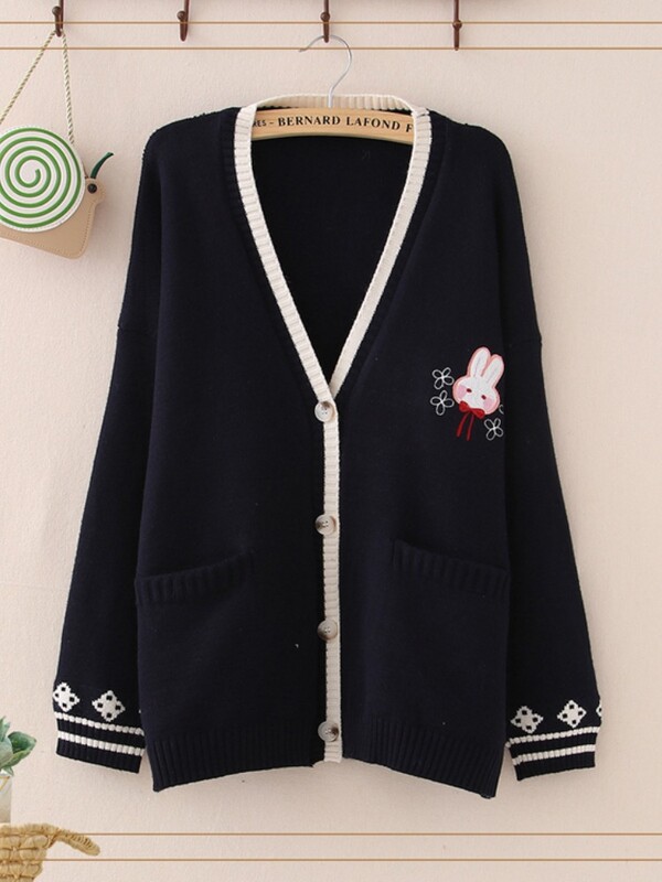 Rudens korejiešu mori meitenes saldais džemperis Lolita, gudrs zaķis, izšuvums, trikotāžas tops japāņu sievietēm ar garām piedurknēm jaciņa mētelis