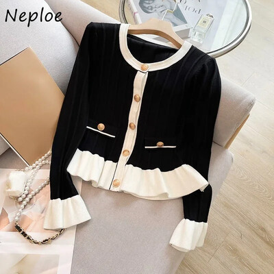 Neploe Elegant Sweet Flare Sleeve Cardigans 2024 Sügis uus O-kaelusega kootud kardigan Y2k pikkade varrukatega volangidega kampsunid mantlid