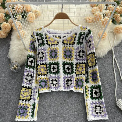 Indie folk kardigánok nőknek Őszi horgolt virágos, hosszú ujjú, V-nyakú pulóverek, egysoros, elegáns női kardigán