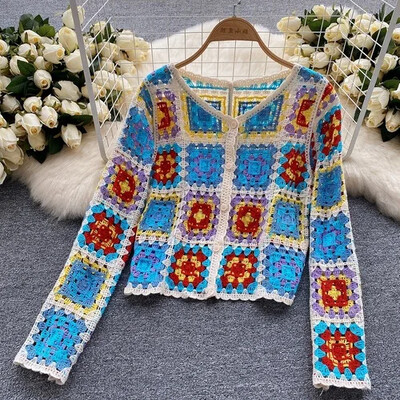Indie folk kardigánok nőknek Őszi horgolt virágos, hosszú ujjú, V-nyakú pulóverek, egysoros, elegáns női kardigán