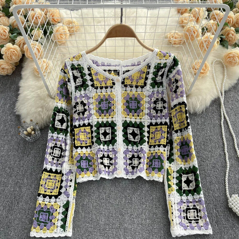 Indie folk kardigánok nőknek Őszi horgolt virágos, hosszú ujjú, V-nyakú pulóverek, egysoros, elegáns női kardigán