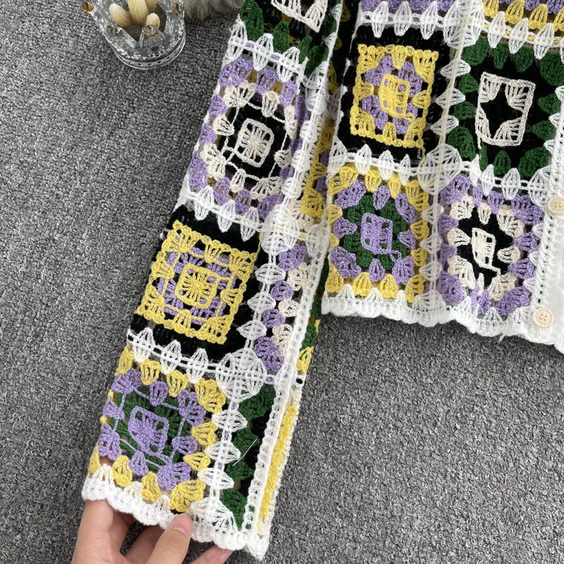 Indie folk kardigánok nőknek Őszi horgolt virágos, hosszú ujjú, V-nyakú pulóverek, egysoros, elegáns női kardigán