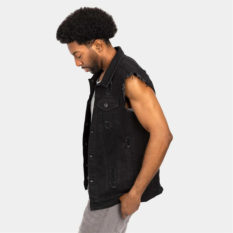 Rietumu kovboju stila šķelto caurumu džinsa veste vīriešu gadījuma atloks jaciņa džinsi vestes vīriešiem jauna bezpiedurknēm neapstrādāta griezuma jaka