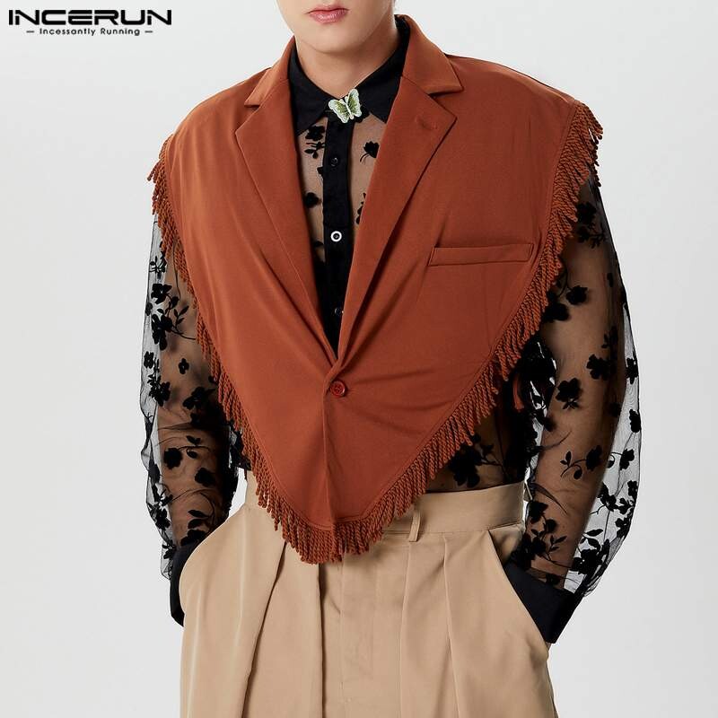 2024 Veste neregulate pentru bărbați, cu ciucuri, cu rever, fără mâneci, cu un singur buton, veste cu șireturi, îmbrăcăminte de stradă, veste casual de modă INCERUN