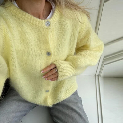 Cardigan elegant tricotat, solid, pentru femei, pulover șic cu un singur piept, cu gâtul în formă de O, pentru femei, toamnă, cald, lejer, cu mânecă lungă, îmbrăcăminte de damă