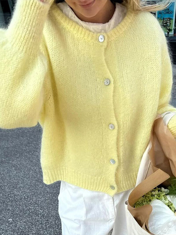 Cardigan elegant tricotat, solid, pentru femei, pulover șic cu un singur piept, cu gâtul în formă de O, pentru femei, toamnă, cald, lejer, cu mânecă lungă, îmbrăcăminte de damă