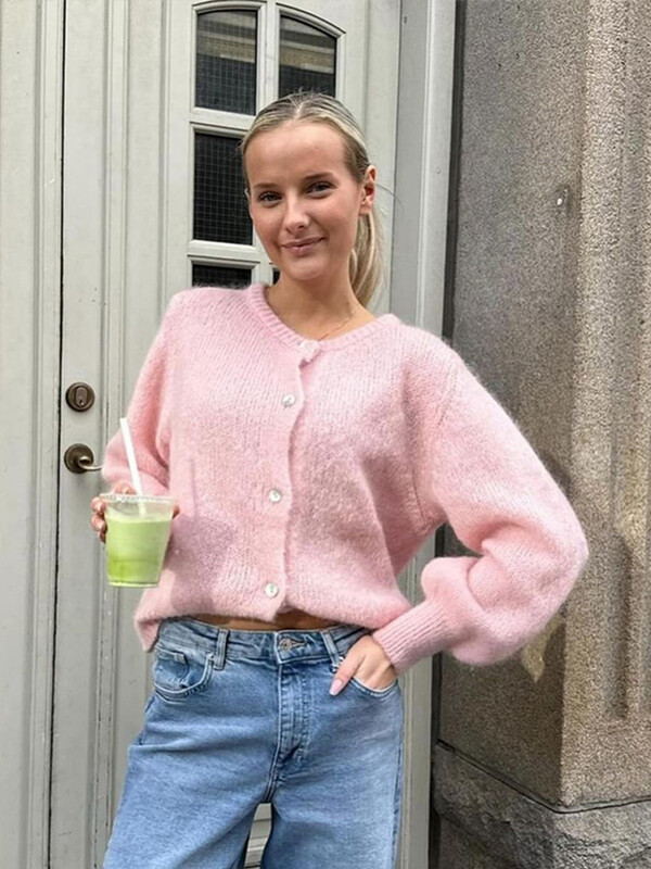 Cardigan elegant tricotat, solid, pentru femei, pulover șic cu un singur piept, cu gâtul în formă de O, pentru femei, toamnă, cald, lejer, cu mânecă lungă, îmbrăcăminte de damă