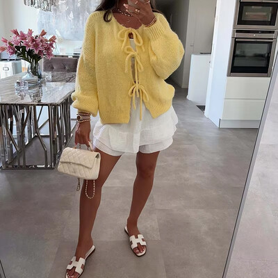 Pulover de toamnă cald cu mâneci lungi damă elegantă din lână tricot cardigan cu mâneci lungi 2024 ocazional navetă cu papion pulover solid