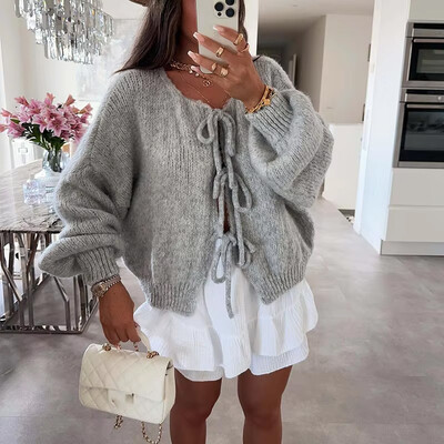 Pulover de toamnă cald cu mâneci lungi damă elegantă din lână tricot cardigan cu mâneci lungi 2024 ocazional navetă cu papion pulover solid