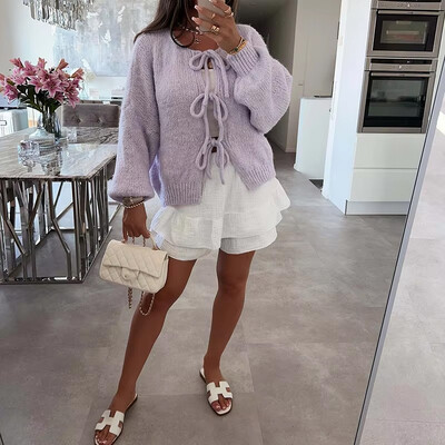 Pulover de toamnă cald cu mâneci lungi damă elegantă din lână tricot cardigan cu mâneci lungi 2024 ocazional navetă cu papion pulover solid