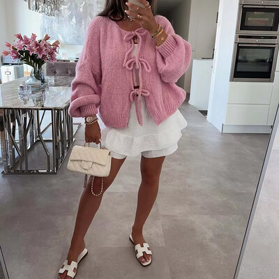 Pulover de toamnă cald cu mâneci lungi damă elegantă din lână tricot cardigan cu mâneci lungi 2024 ocazional navetă cu papion pulover solid