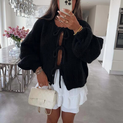 Pulover de toamnă cald cu mâneci lungi damă elegantă din lână tricot cardigan cu mâneci lungi 2024 ocazional navetă cu papion pulover solid