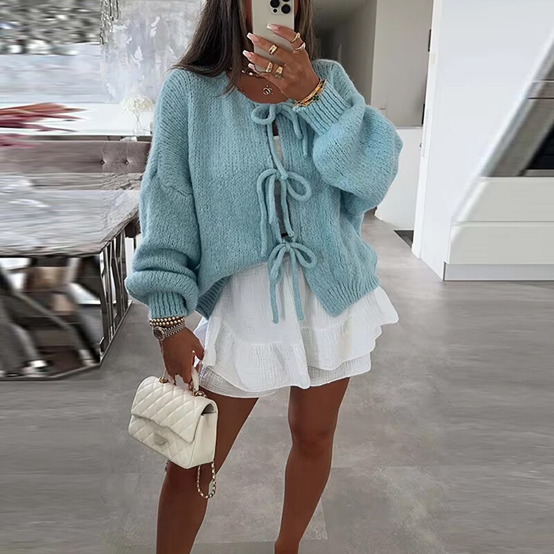 Pulover de toamnă cald cu mâneci lungi damă elegantă din lână tricot cardigan cu mâneci lungi 2024 ocazional navetă cu papion pulover solid