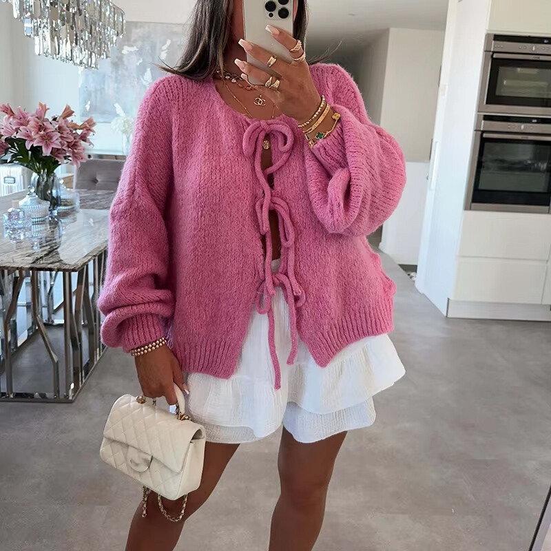Pulover de toamnă cald cu mâneci lungi damă elegantă din lână tricot cardigan cu mâneci lungi 2024 ocazional navetă cu papion pulover solid