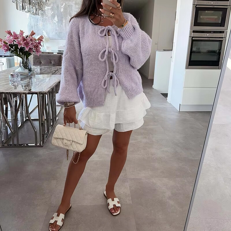 Pulover de toamnă cald cu mâneci lungi damă elegantă din lână tricot cardigan cu mâneci lungi 2024 ocazional navetă cu papion pulover solid