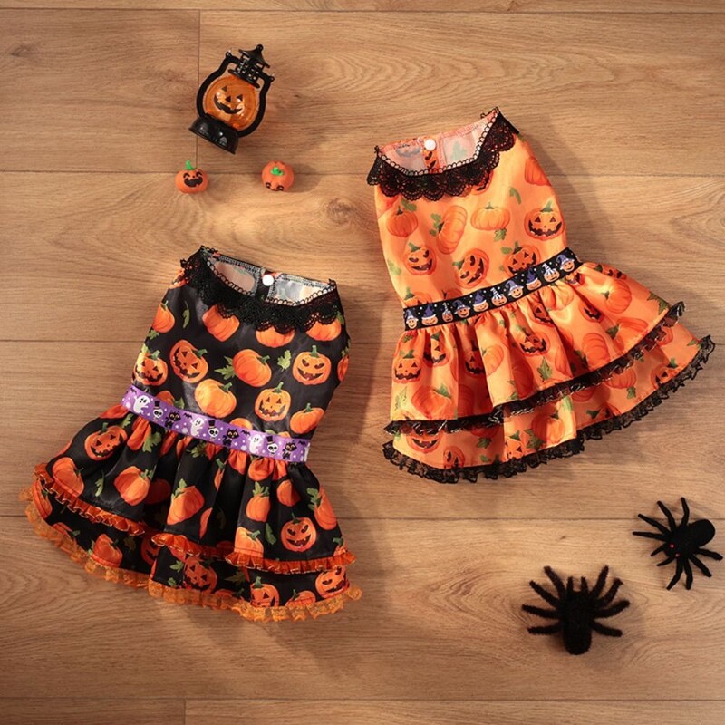 Rochie creativă de Halloween pentru animale de companie Model de dovleac Fusta din dantelă de dovleac drăguț Rochie cu două straturi Rochie moale din dantelă de dovleac