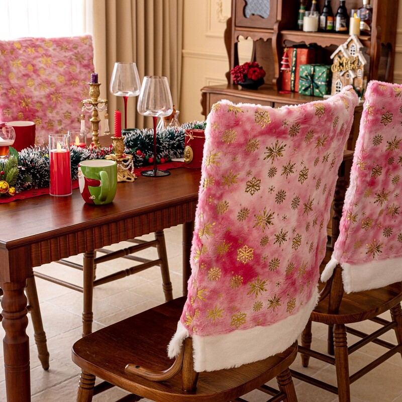 Husă pentru scaune de Crăciun roz, husă pentru scaune din catifea, husă decorativă pentru scaune, decorațiuni pentru festivaluri