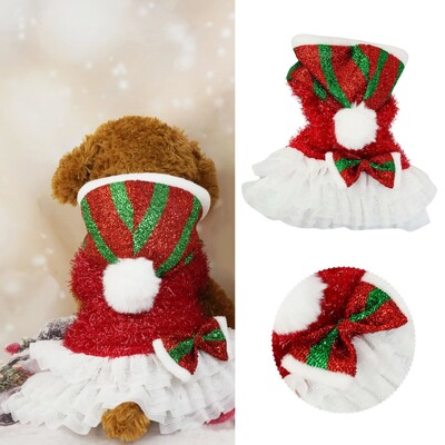 Rochie cu paiete pentru animale de companie de Crăciun, plasă pentru câini, îmbinare turn exterior, petrecere de Crăciun, atmosferă festivă, pălărie de Crăciun cu glugă, haine pentru cățeluși