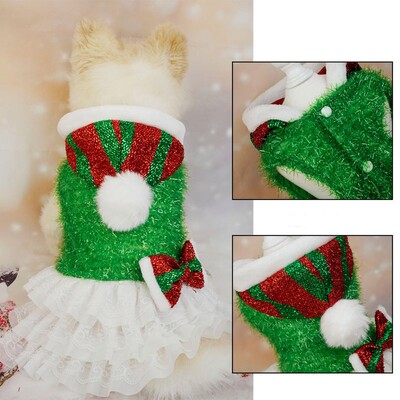 Rochie cu paiete pentru animale de companie de Crăciun, plasă pentru câini, îmbinare turn exterior, petrecere de Crăciun, atmosferă festivă, pălărie de Crăciun cu glugă, haine pentru cățeluși