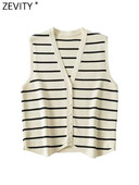 Zevity új női divatos V nyakú ujjatlan csíkos mintás kötött mellény női pulóver elegáns egysoros kardigán felsők SW4789