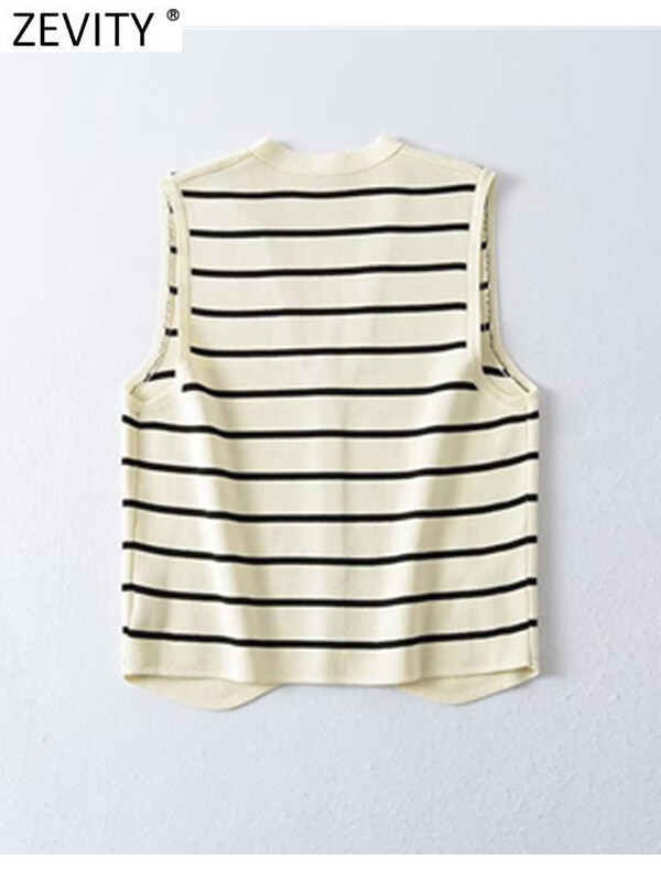 Zevity új női divatos V nyakú ujjatlan csíkos mintás kötött mellény női pulóver elegáns egysoros kardigán felsők SW4789