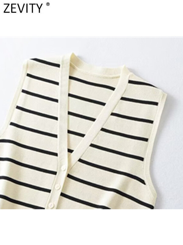 Zevity új női divatos V nyakú ujjatlan csíkos mintás kötött mellény női pulóver elegáns egysoros kardigán felsők SW4789