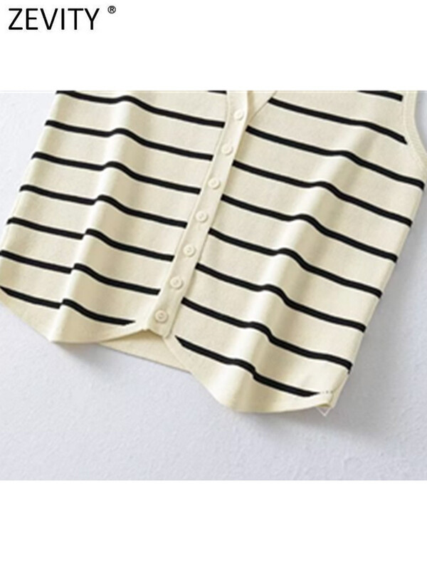 Zevity új női divatos V nyakú ujjatlan csíkos mintás kötött mellény női pulóver elegáns egysoros kardigán felsők SW4789