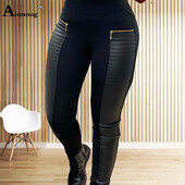 Sieviešu modes PU ādas zīmuļu bikses 2024 — Amerika un Eiropa Seksīgi ar rāvējslēdzēju aiztaisāmi stulpiņi, sieviešu mākslīgās ādas tērpi